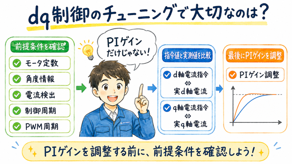 dq制御のチューニングにおける基本的な確認手順。前提条件を確認した後、d軸・q軸電流の指令値と実測値を比較し、最後にPIゲインを調整する。