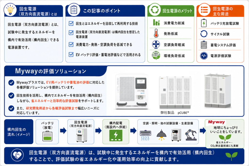 回生電源(双方向直流電源)の特徴やメリット、活用用途をまとめた概要図です。